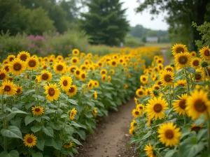 Mixed Sunflower Border - Wide angle view of a garden border featuring Mexican sunflowers, dwarf sunflowers, and classic yellow varieties creating a colorful tapestry of heights and hues, natural documentary style