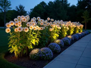 Moonflower Mix Border - Linear border combining white 'Peach Passion' sunflowers with moonflowers and night-blooming cereus, photographed at dusk with accent lighting