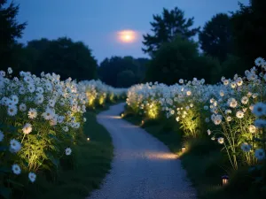 Moonlit Sunflower Path - A winding garden path at twilight lined with ethereal white 'Italian White' sunflowers, illuminated by soft ground lighting, creating a dreamy moonlit atmosphere, photorealistic style