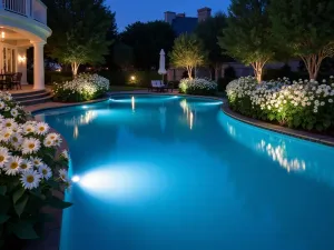 Moonlit Water Feature - Reflecting pool surrounded by white 'Pacino White' sunflowers, underwater lights creating luminous reflections, captured at blue hour