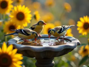 Morning Birdbath Scene - Close-up of a decorative stone birdbath surrounded by Autumn Beauty sunflowers, with finches drinking and splashing, dewdrops visible, soft morning light