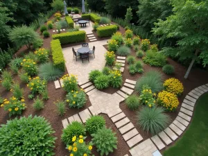 Multi-Level Wildlife Garden - Aerial view of a terraced wildlife garden with different sunflower varieties creating varying heights, multiple seating areas, and integrated wildlife features