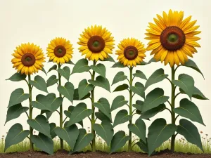 Multi-Variety Display - Detailed view of different branching sunflower varieties growing side by side, showing variation in height, color, and flower size, botanical photography style