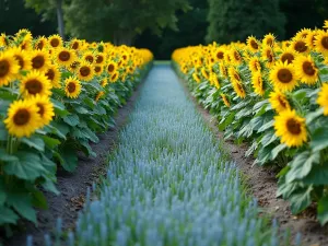 Multicolor Sunflower Wave - Eye-level view of a sweeping curved border with sunflowers of varying heights and colors creating a wave effect, interspersed with flowing blue oat grass, cottage garden style