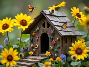 Natural Insect Hotel Display - Decorative insect hotel surrounded by dwarf sunflowers and native wildflowers, with visible bees and butterflies, artistic garden photography style