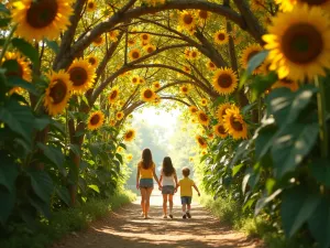 Natural Sunflower Archway - Wide shot of a curved archway formed by branching Sunforest Mix sunflowers, creating a tunnel effect with dappled sunlight, children walking through