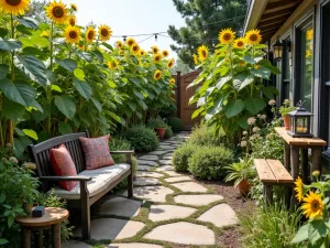 Naturalistic Garden Room - Wide-angle view of an outdoor room created by tall sunflowers and native plants, featuring rustic furniture, wildlife feeders, and natural wood perches