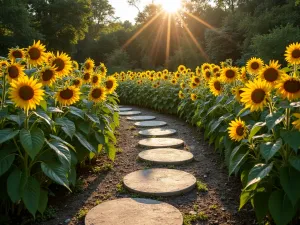 Night Garden Path - Curved pathway with solar-lit stepping stones winding through pale 'Moonshadow' sunflowers and evening primrose, shot from ground level