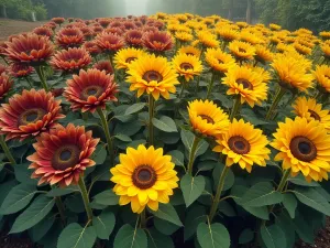 Ornamental Sunflower Display - Wide shot of an ornamental garden bed featuring multi-branched sunflowers in various colors including bronze, burgundy, and lemon yellow, arranged in aesthetic clusters, impressionist painting style