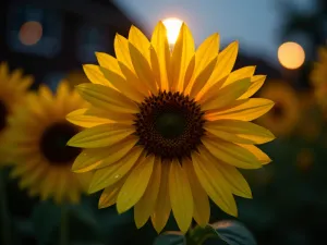 Pale Sunflower Close-up - Macro shot of a pale yellow 'Vanilla Ice' sunflower illuminated from behind by garden lights, capturing dewdrops on petals reflecting moonlight, cinematic lighting