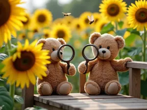 Pollinator Observation Station - Close-up of a wooden observation deck with magnifying glasses, surrounded by Teddy Bear sunflowers buzzing with bees and butterflies, children watching in wonder, natural garden style