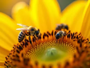 Pollinator Paradise Close-up - Macro shot of a bee collecting pollen from a vibrant Mammoth sunflower center, with other pollinators visible in soft bokeh background, golden morning light