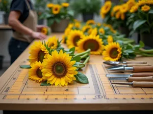 Professional Sorting Table - Close-up of a professional-grade sorting table with measured guides, flower holders, and various tools, featuring freshly cut sunflowers being prepared, modern garden style