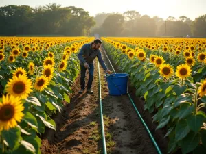 Professional Garden Installation - Wide angle shot of professional gardeners installing a large-scale sunflower garden, showing equipment, irrigation setup, and organized planting process