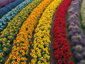 Rainbow Sunflower Aerial - Drone view of a large rainbow sunflower border showing the full spectrum of colors in distinct sections, with ornamental grasses creating silver rivers between color blocks