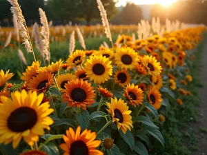 Rainbow Sunflower Border Wave - A wide-angle photographic view of a curved garden border filled with waves of sunflowers in chocolate brown, burgundy, pale yellow, and bright orange varieties, with Mexican feather grass swaying in between, backlit by golden evening light, realistic style