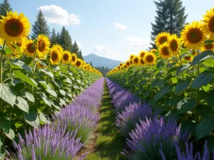 Rainbow Sunflower Drift Garden - A perspective view of naturally drifting sunflower plantings in various heights and colors, from tall chocolate varieties in the back to shorter pale yellow varieties in the front, with purple fountain grass creating movement throughout