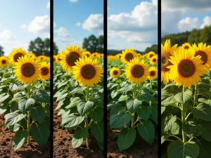 Seasonal Progression Garden - Split-screen image showing the same sunflower garden plot through four seasons, from soil preparation to full bloom, artistic style