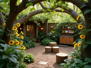 Secret Sunflower Garden Room - Intimate garden space enclosed by branching Soraya sunflowers, with child-sized log seating, fairy lights, and a small weather station, magical garden atmosphere