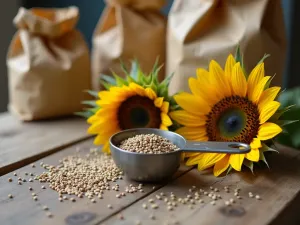 Seed Collecting Station - Close-up of a rustic wooden table with measuring cups, paper bags, and dried Mammoth Grey Stripe sunflower heads, children learning about seed saving