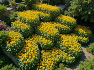 Stepped Sunflower Garden Aerial - Drone view of a terraced south-facing garden with multiple levels of compact sunflowers creating a living tapestry, 'Solar Flash' and 'Little Becka' varieties in geometric patterns