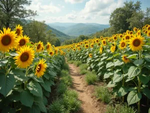 Succession Planting Display - Wide view of a terraced garden showing sunflowers at different growth stages, from seedlings to full bloom to seed heads, with birds feeding, natural garden style