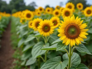 Succession Planting Progress - Side-by-side rows showing sunflowers at different growth stages, from newly sprouted to full bloom, demonstrating succession planting, educational garden photography