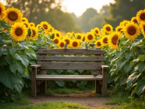 Sunflower Bird Watching Bench - A rustic wooden bench nestled among tall sunflowers, with birds feeding on seed heads, photorealistic style, warm afternoon light, peaceful garden setting, featuring Mexican sunflowers and American Giant varieties