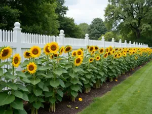 Garden Border Layout - Wide panoramic view of a sunflower border garden along a white picket fence, showing graduated heights and complementary companion plants