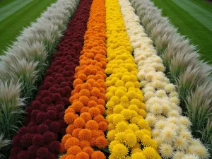 Sunflower Color Gradient Border - An aerial view of a long garden border showing a perfectly executed gradient of sunflower colors, transitioning from deep burgundy to chocolate to orange to pale yellow, forming distinct color blocks, with silver feather grass creating misty divisions