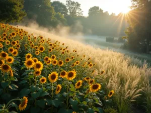 Sunflower Color Progression - Side view of a terraced garden showing progressive layers of sunflowers from dark to light colors, with fountain grass creating misty veils between layers, photographed in early morning light