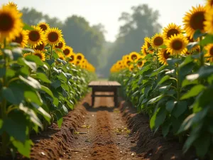 Sunflower Cutting Garden Rows - A serene photographic view of perfectly aligned rows of tall branching sunflowers in a cut flower garden, with neat mulched paths between rows, soft morning light, and a rustic wooden sorting table in the background, photorealistic style