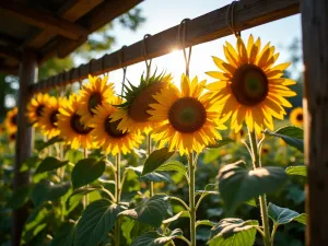 Sunflower Drying Station - Eye-level view of hanging sunflower heads drying in a rustic garden structure, with warm sunlight streaming through, creating beautiful shadows, farmhouse style