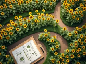 Sunflower Garden Planning Layout - Aerial view of a meticulously planned sunflower garden layout, showing curved pathways between different height varieties, with garden planning tools and a layout sketch visible in the corner, photorealistic style