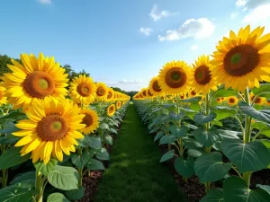 Sunflower Height Amphitheater - Photorealistic wide-angle view of a curved garden amphitheater with graduated sunflower heights, from 2-foot Teddy Bear sunflowers in front to 12-foot American Giant sunflowers in back, golden flowers against blue sky, natural garden setting