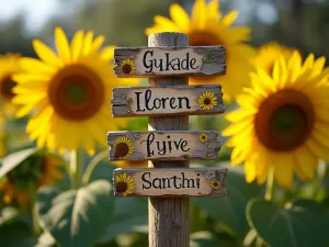 Sunflower Height Markers - Close-up detail of artistic wooden height markers beside sunflowers, showing variety names and maximum heights, rustic design with botanical illustrations, morning light