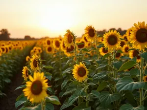 Sunflower Height Transition - Side view showing smooth transition between medium height Pro Cut sunflowers to tall Sunforest Mix varieties, demonstrating natural staging effect, morning light