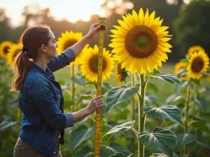 Sunflower Measurement Day - Documentary-style shot of gardener measuring giant sunflower height with measuring tape, educational markers visible, morning garden setting