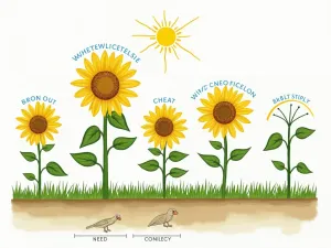 Sunflower Microclimate Planning - Diagram-style illustration showing optimal sunflower placement based on sun exposure, wind protection, and structural support needs