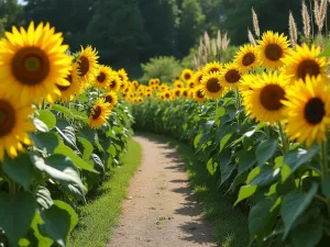 Sunflower Rainbow Path - A winding garden path bordered on both sides by graduated heights of sunflowers in all colors, creating a tunnel effect, with maiden grass providing vertical accent lines throughout