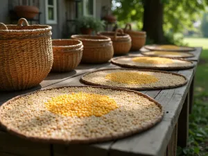 Sunflower Seed Processing Station - Close-up of a rustic outdoor processing station with drying screens, collection baskets, and various stages of sunflower seed preparation, vintage farmhouse style