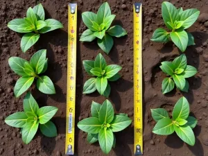 Sunflower Spacing Guide - Top-down view of young sunflower plants properly spaced in a grid pattern, with measuring tape and plant markers visible, educational style