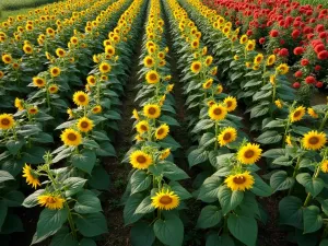 Sunflower and Squash Garden Layout - Aerial view of a well-organized edible garden with rows of tall sunflowers, including both yellow and red varieties, with sprawling squash vines weaving between them, photographed in morning light, photorealistic style