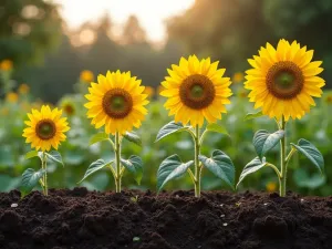 Succession Planting Timeline - Side-by-side progression showing four stages of sunflower growth in a garden, from newly planted seedlings to full blooms, demonstrating succession planting technique, soft natural lighting