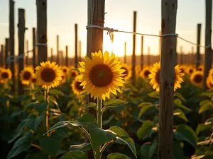 Support Structure Installation - Wide angle view of wooden posts and string supports being installed for tall sunflower varieties, with golden evening light casting long shadows