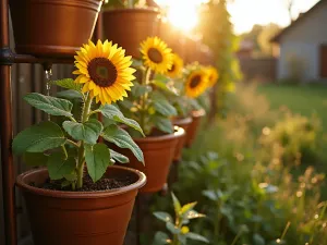 Sunrise Sunflower Terrace Detail - Intimate morning light capture of dew-covered 'Elf' sunflowers in copper-toned vertical planters, showing intricate support structure and water management system