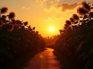 Sunset Sunflower Silhouettes - Wide-angle golden hour shot showing silhouettes of graduated sunflower heights against setting sun, creating dramatic shadow play on curved pathway