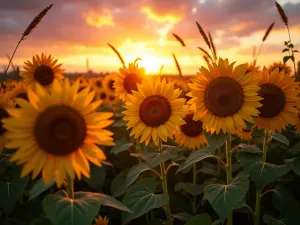 Sunset Sunflower Spectrum - Wide-angle shot of a sunflower border at sunset, showing the warm light highlighting the different colored varieties, creating a spectacular rainbow effect with switch grass silhouettes adding texture