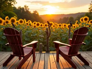 Sunset Wildlife Observation Deck - Wide-angle view of a wooden deck with comfortable Adirondack chairs facing a garden of tall sunflowers, birds perched on natural branch stands, golden sunset lighting