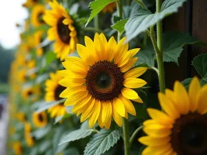 Sustainable Sunflower Wall System - Close-up of an eco-friendly vertical garden system showing 'Music Box' sunflowers with visible rainwater harvesting and drip irrigation components